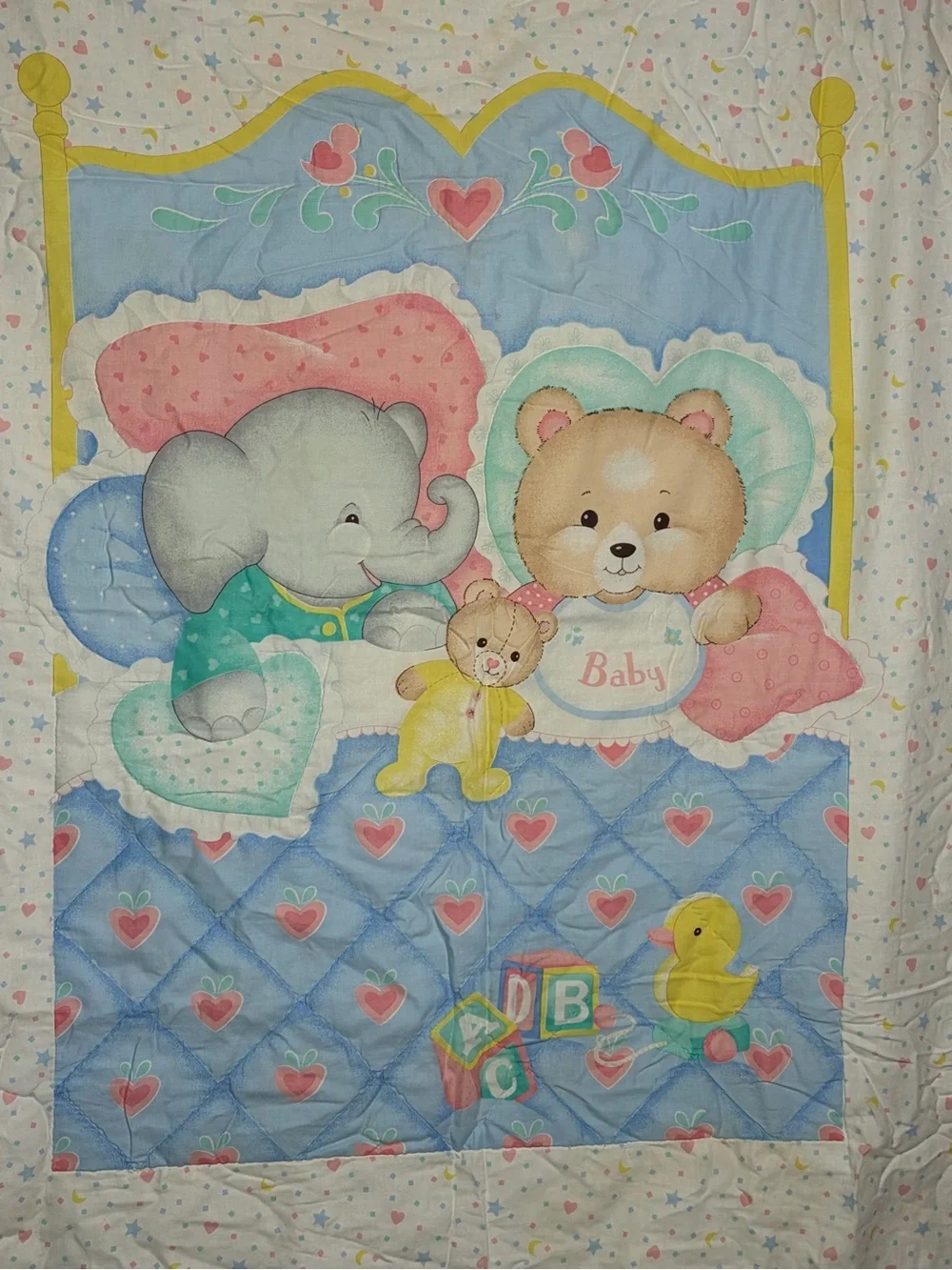 Vtg Pastel Baby Quilt Bears Duck Blocks Elephant Blanket 33X42